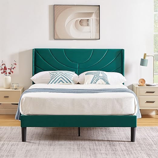 VECELO Queen Bed Frame Upholstered Platform with Fabric Headboard,Wooden Slats Support/No Box Spring Needed/Mattress Foundation,Dark Green