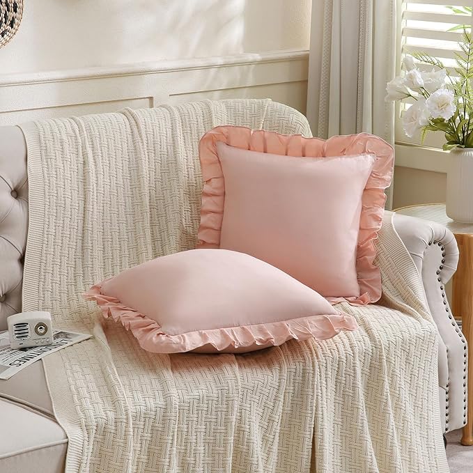 Merryword Pink Pillowcases 18x18 Cute Throw Pillow Covers Pack of 2 Ruffle Pillowcase Cushion for Couch Sofa Bedroom