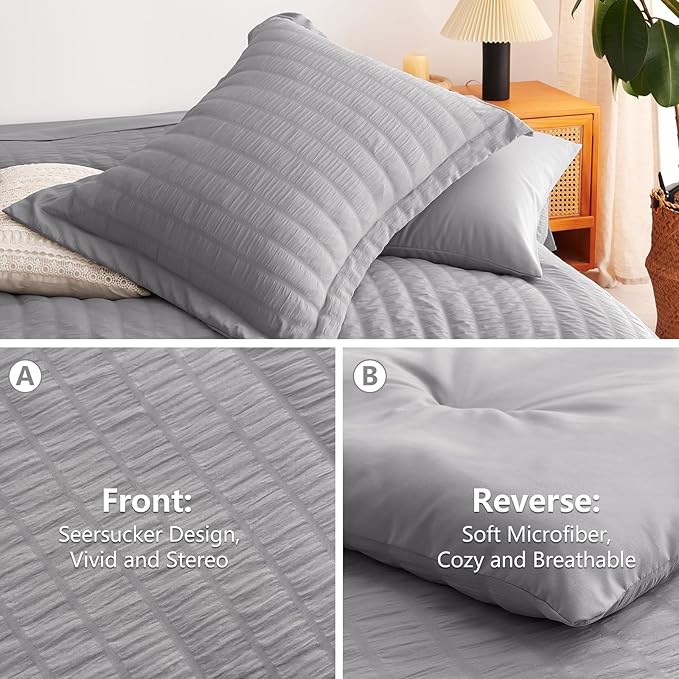 CozyLux Oversized King Comforter Set Grey, Seersucker 7 Pieces 120x98 Bed in a Bag Comforter Set with Sheets, Gray Luxury Soft Bedding Sets with Down Alternative Comforter, Sheets, Pillowcases & Shams