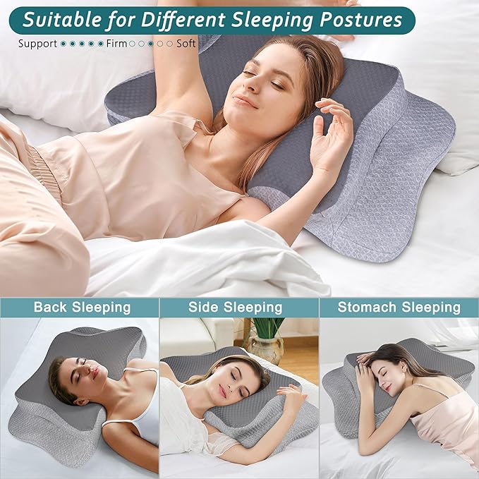 CHxxy Cervical Neck Pillow for Pain Relief Sleeping, Memory Foam Pillows, Ergonomic Side Sleeper Pillows, Cooling Orthopedic Neck Support Pillow for Back Stomach Sleepers-Queen Size Grey&Grey