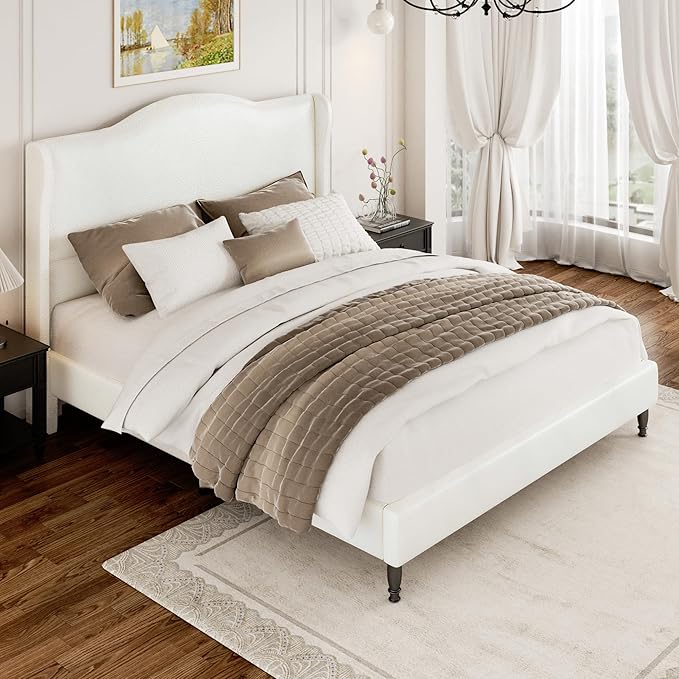 Upholstered Bed Frame with Tall Headboard, Leather Queen Platform Bed Frame with Wingback Sides, Wood Slats Support, Noise-Free Design, No Box Spring Needed, Easy Assembly, White