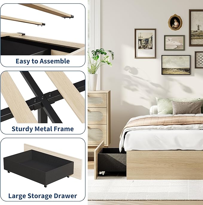 GarveeHome Twin XL Size Wood Platform Bed Frame with 2 Storage Drawers, Wooden Bed Frame Without Headboard, Wood Slat Support, No Box Spring Needed, Easy Assembly