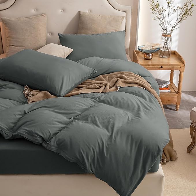 PURE ERA Jersey Knit Duvet Cover Set 100% T-Shirt Cotton Super Soft Comfy 3pc Bedding Set with Zipper Closure (Solid Dark Greenish Gray, Queen)