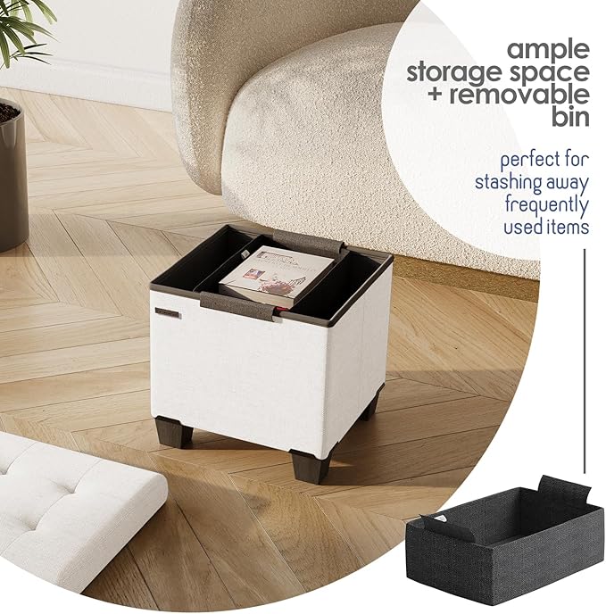 Storage Ottoman Cube with Small Bin, 15-in Square Ottoman with Storage for Living Room and Bedroom, Small Ottomans Foot Rest, Fabric Foot Stools Ottomans Max 330lbs, Cream