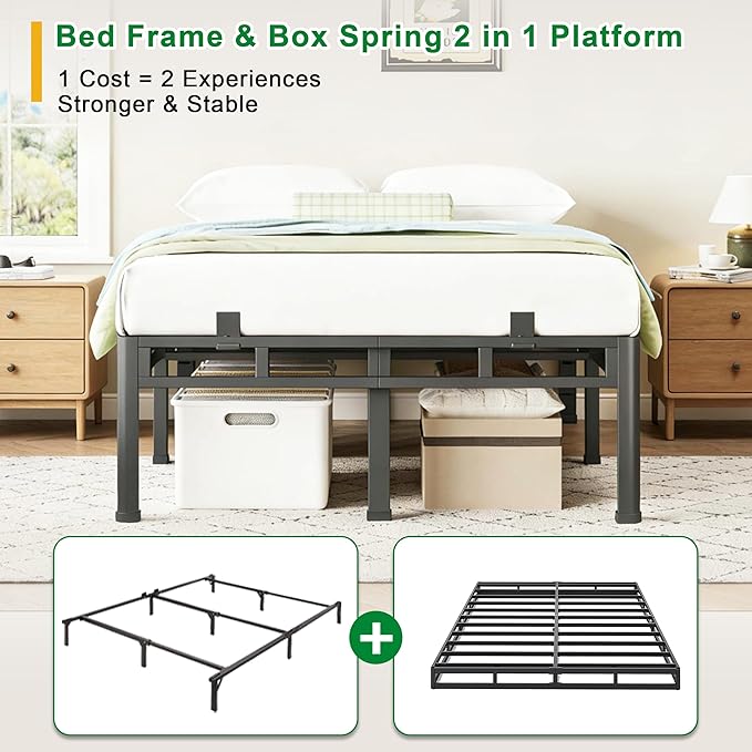 ROIL 14 Inch Twin Size Bed Frame, Double Layer Metal Bed Frame with Round Corner Legs, 4000LBS Bed Frame & Box Spring 2 in 1 Platform with Headboard Holes Mattress Baffles, Noise-Free Easy Assembly