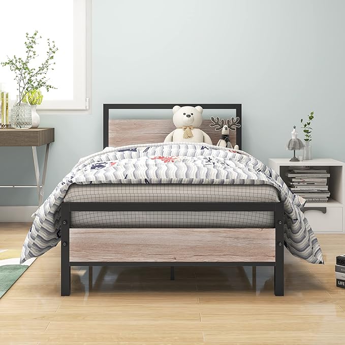 HOJINLINERO Twin Bed Frames with Wood Headboard,Metal Twin Platform Bed Frame No Box Spring Needed,Heavy Duty Steel Slats,No Noise,Black and Teak Oak