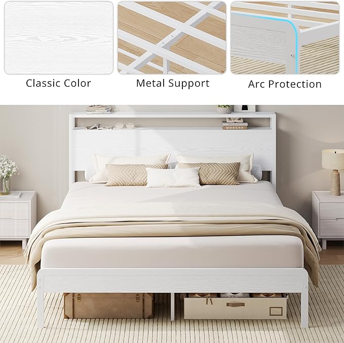 LIKIMIO Full Bed Frame with Headboard, Wood Camas Full with Strong Supports, Sturdy, Noise-Free, No Box Spring Needed, White