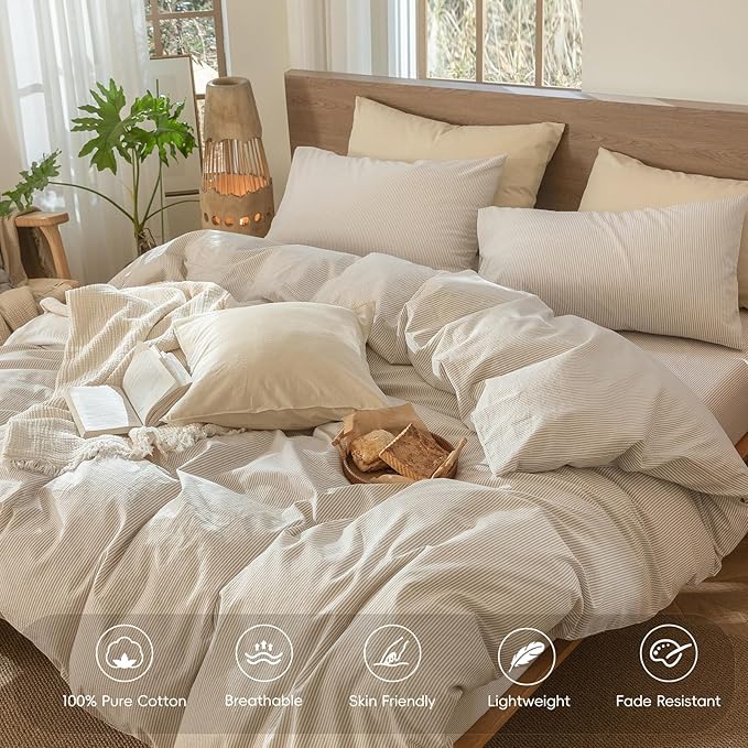 MooMee Striped Duvet Cover Set 100% Washed Cotton Linen Like Textured Breathable Durable Soft Comfy (Tannish Linen Grey White Pinstripes, King 104"x90")