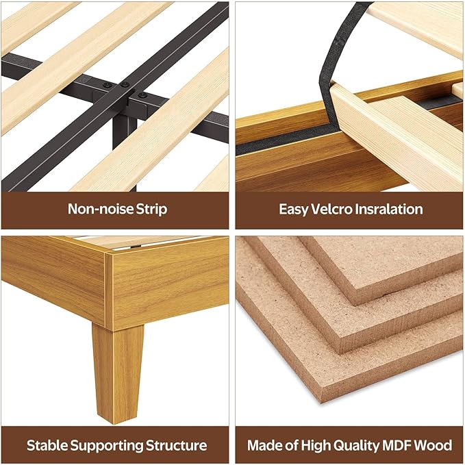 Rolanstar Full Bed Frame with Headboard, Charging Station and LED Lights, Wooden Bed Frame Foundation with Wood Slat Support, No Box Spring Needed, Pine