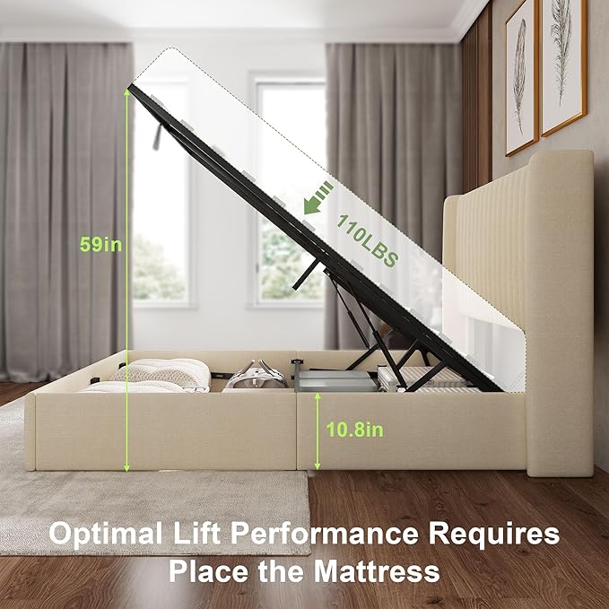Feonase Full Size Lift Up Storage Bed Frame, Linen Upholstered Platform Bed with Wingback Headboard, Hydraulic Storage, No Box Spring Needed, Beige