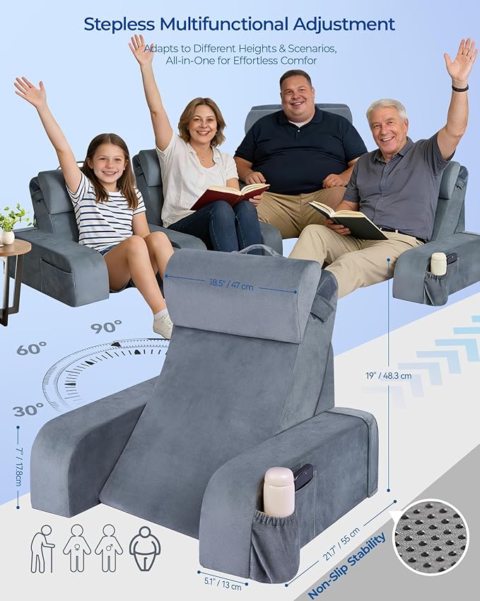 Reading Pillow with 30-90° Stepless Adjustable Angle & Height, 2 in 1 Back Wedge Pillow for Bed Sitting up with Detachable Arms Rest, Backrest Pillow for Reading/Gaming/Working in Bed or Couch, Large