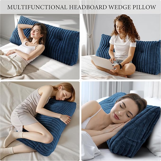 Headboard Pillow Full, Triangular Wedge Pillow Headboard Full, Cushion Headboards Reading Pillows, Backrest Pillows for Sitting in Bed or Working with Removable Cover, Blue