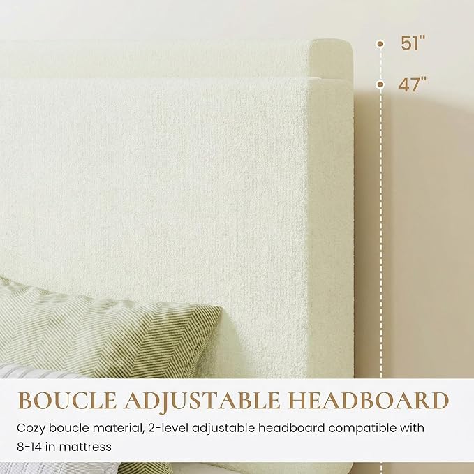 SHA CERLIN Full Size Platform Bed Frame with Adjustable Headboard and Wooden Slats Support, Boucle Upholstered Mattress Foundation, No Box Spring Needed, Easy Assembly, Soft Cream