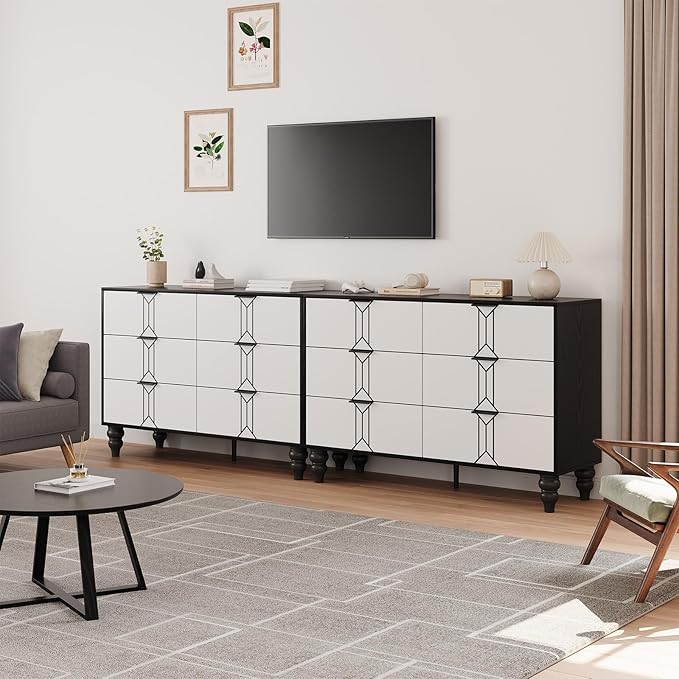 IDEALHOUSE Modern Wooden 6 Drawer Dresser with Vintage Pattern Design, Chest Dresser with Deep Drawers for Bedroom, Living Room and Entryway, Black and White
