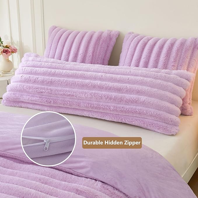 MEGO Fluffy Faux Rabbit Fur Body Pillow Cover 20x54, Comfy Plush Fuzzy Striped Bedroom Bed Pillowcase, Light Purple Shaggy Ribbed Long Bolster Pillow Cover with Zipper for Kids Girls Adults, Lavender