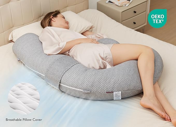 Momcozy Pregnancy Pillow,Original F Shaped Maternity Pillow for Pregnant Women with Adjustable Wedge Pillow, Full Body Support Pregnancy Pillows for Side Sleeping with Velvet Cover, Light Grey
