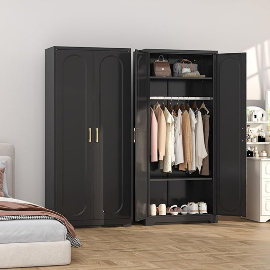 Metal Wardrobe Cabinets，Armoire Wardrobe Closet with Hanging Rod,Clothes Storage Cabinet with Adjustable Shelves and Doors, Clothing Cabinet for Bedroom, Office, Laundry Room