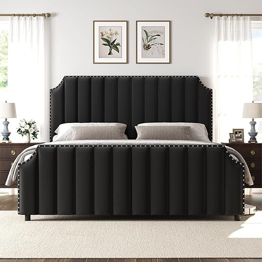 GarveeHome Queen Size Platform Bed Frame with 50.2 in Tall Headboard, Velvet Upholstered Bed Frame with Vertical Channel Tufted Headboard & Footboard, Nailhead Trim, No Box Spring Needed, Black