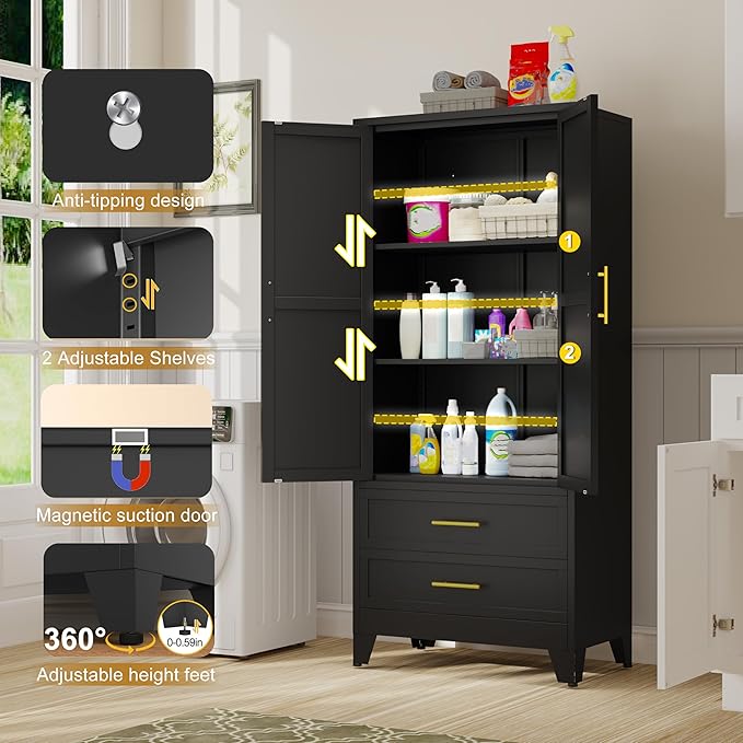 GAIOUS Steel Pantry Cabinet, 71" Metal Storage Cabinets with 2 Doors, 2 Adjustable Shelf and 2 Drawers, Freestanding Storage Cabinet for Bedroom, Kitchen, Home Office (Black)