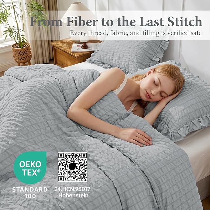 JOLLYVOGUE Light Grey Queen Comforter Set, 3 Pieces Seersucker Comforters Queen Size, Lightweight & Fluffy Bedding Sets Queen for All Season with 1 Ruffle Comforter and 2 Ruffle Pillowshams