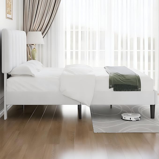 VECELO Full Bed Frame with Upholstered Headboard, Heavy-Duty Platform Bedframe with Strong Wooden Slats Support, No Boxing Spring Needed, Pure White