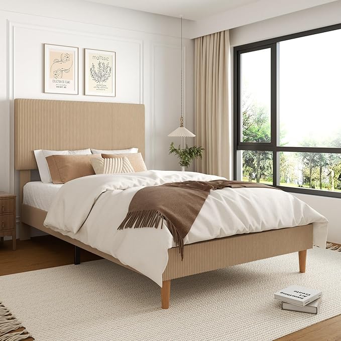 Full Size Bed Frame, Upholstered Platform Bed with Adjustable Headboard, Vertical Fluted Tufted, Soft Corduroy Fabric, Wooden Slats Support, No Box Spring Needed, Easy Assembly, Brown
