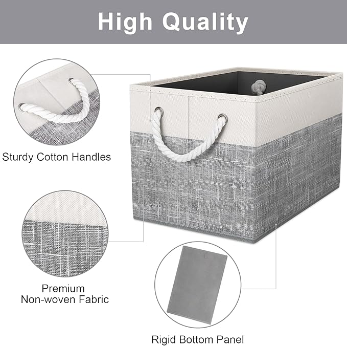 Fab totes Storage Bins 4-Pack, Foldable Storage Baskets for Organizing Toys, Books, Shelves, Closet, Large Storage Box with Rope Handles, Sturdy Organizer Bins, White & Grey