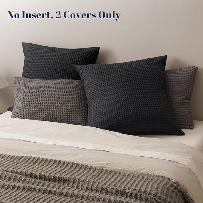 PHF Ultra Soft Waffle Weave Euro Shams Pillow Covers, No Filling, 2 Pack 26" x 26" Bed Cushion Covers, Breathable & Skin-Friendly Bed Pillow Shams for Stylish Home Decor, Black