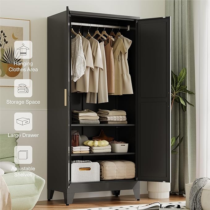 Baborokic Metal Armoire Wardrobe Closet with Hanging Rod,71H Metal Cabinet with Doors and Shelves,Freestanding Bedroom Armoire Closet,Storage Cabinets for Bedroom,Office,Laundry Room(Black)