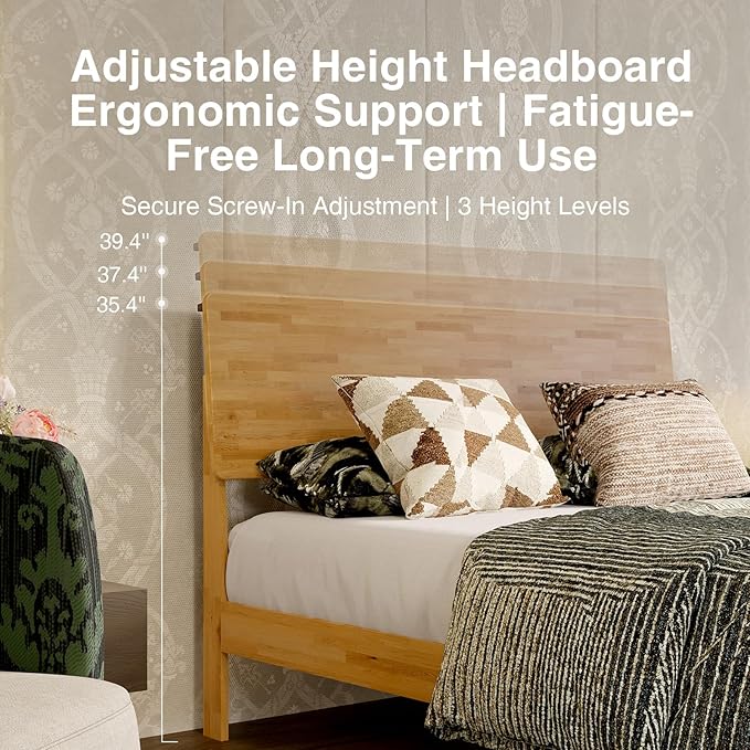 Novilla Full Size Bed Frame with 3-Level Adjustable Storage Headboard, Solid Wood Platform Bed Frame with Slats, No Box Spring Needed, Noise Free, Natural Finish for Master Bedroom and Guest Room
