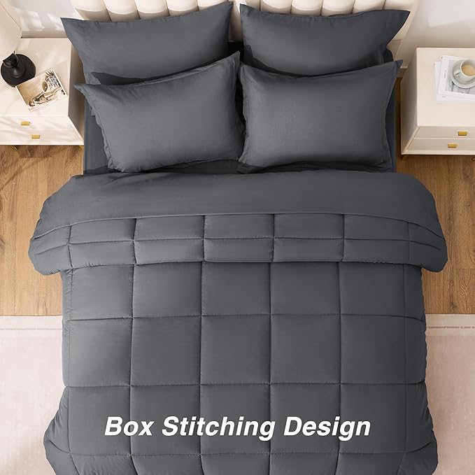 Love's cabin King Size Comforter Set Soot Grey, 7 Pieces King Bed in a Bag, All Season Bedding Sets with 1 Comforter, 1 Flat Sheet, 1 Fitted Sheet, 2 Pillowcase and 2 Pillow Sham | Soft, Breathable, Lightweight, Comfortable