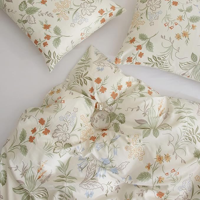 mixinni White Duvet Cover Set with Green Leaves Twin Size 100% Cotton Flower Printed Bedding Set 1 Duvet Cover 2 Pillowcases for Teen Girls, Ultra Soft, Breathable, Comfortable(3pcs, Twin Size)