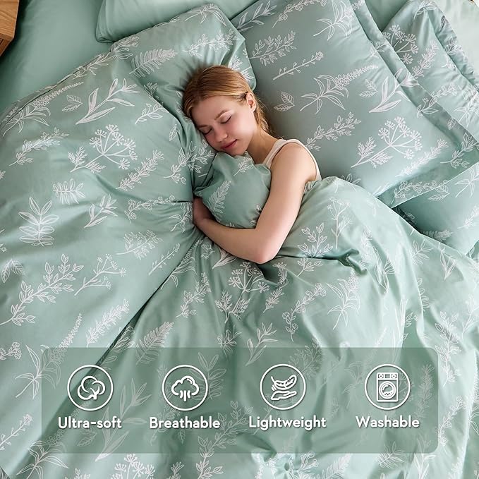 MUXHOMO Duvet Cover Queen Size, Reversible Floral Green Duvet Cover Set with Zipper Closure, 3 Pieces Botanical Patterns Soft Microfiber Bedding Set with 4 Ties (90"x90", 2 Pillow Cases)