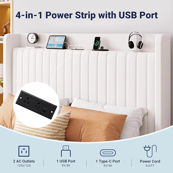 Allewie Queen Size Lift Up Storage Bed Frame,Storage Shelf Headboard with Charging Station,Type-C and USB Ports,Hydraulic Support,Velvet Upholstered Bed Frame,No Box Spring Needed,White