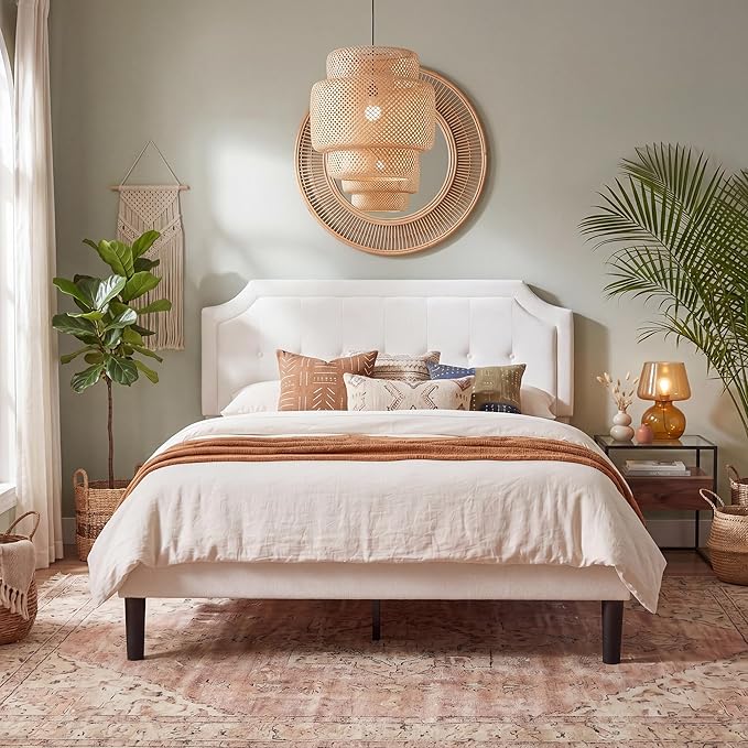 VECELO Queen Size Velvet Bed Frame with Headboard, Upholstered Platform Bedframe with Strong Wooden Slats, No Box Spring Needed, Easy Assembly,Off White