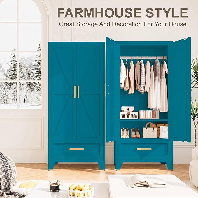 Baborokic Metal Wardrobe Cabinet,71 Armoire Wardrobe Closet with Drawers and Hanging Rod,Metal Armoire with Adjustable Shelves for Closet,Bedroom,Farmhouse Storage Cabinet with Drawer(Blue)