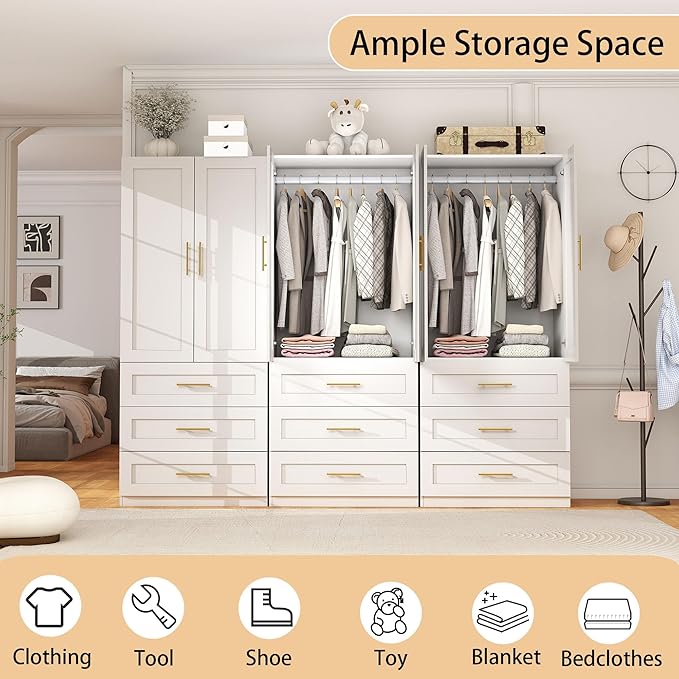 White Wardrobe with 6 Doors: 75" Tall Armoire Wardrobe Closet with 9 Drawers, Bedroom Closet Cabinet for Hanging Clothes, Wooden Storage Armoire with Shelves (Modern, 3)