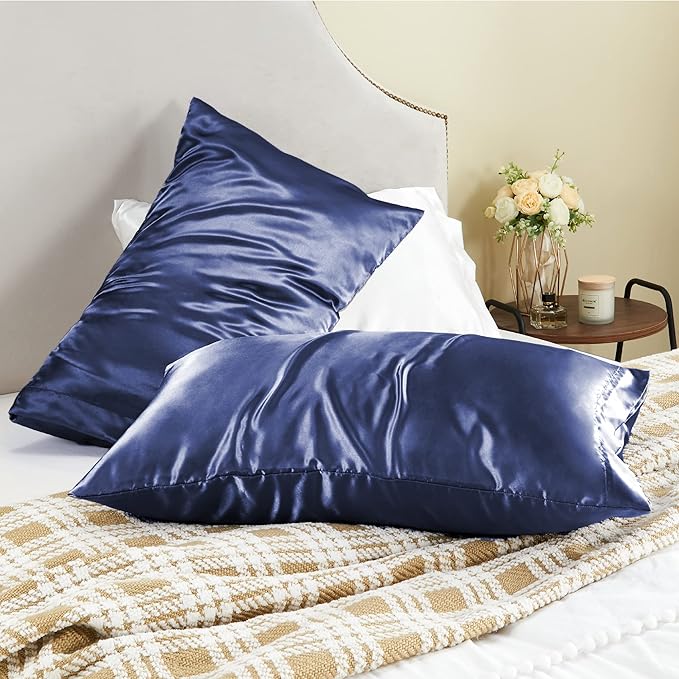 BEDELITE Satin Pillowcase for Hair and Skin, Super Soft and Cooling Similar to Silk Pillow Cases 2 Pack with Envelope Closure, Gift for Women Men(20"x26" Standard Size, Navy)