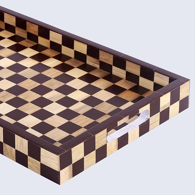 Handicrafts Home Checkered Decorative Tray 11x17 Inch, Handmade Resin Inlay Ottoman Tray, Coffee Table Centerpiece, Modern Wood Serving Tray, Brown Geometric Home Décor