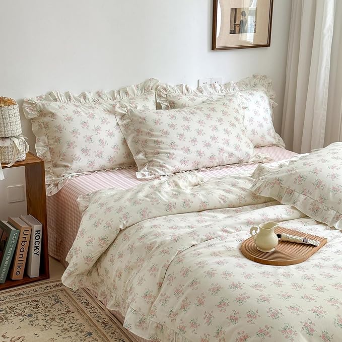 mixinni Pink Floral Duvet Cover Set Full Size - 100% Cotton Ruffle Lace Bedding Set for Girls, Romantic Cottagecore Style Duvet Cover with Zipper Closure, Soft Aesthetic Princess Bedding-Full