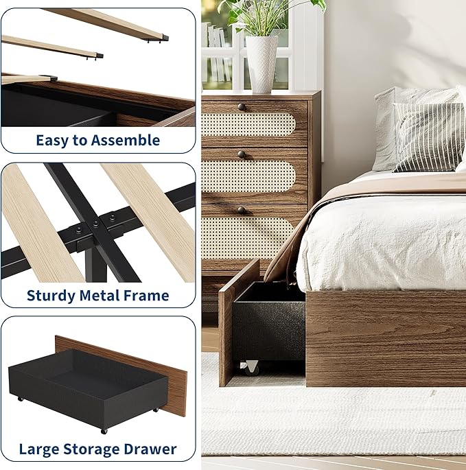 GarveeHome Queen Size Wood Platform Bed Frame with 2 Storage Drawers, Wooden Bed Frame Without Headboard, Wood Slat Support, No Box Spring Needed, Easy Assembly