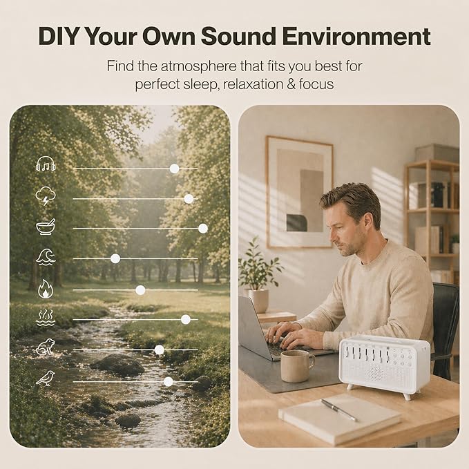 White Noise Machine with 8 Mixable Nature Sounds, Flame Light & Aroma Diffuser – Desktop Sound Machine for Sleep, Office, Yoga & Meditation, with Timer, Bluetooth & USB Power