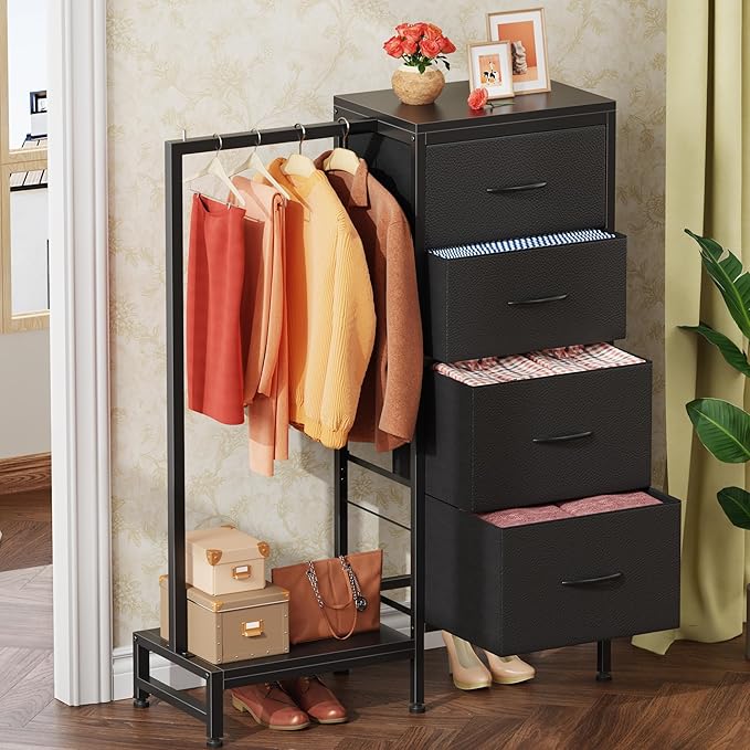 HIGDBFE Dresser with Hanging Rack, 4 Drawers Small Closet for Bedroom, Reversible Fabric Kids Chest of Drawers with Clothes Rack, Tall Storage Tower, Sturdy Frame, Black, 44''H