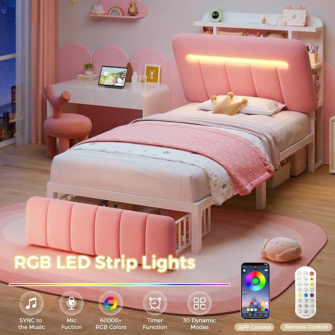 Twin Bed Frames with Storage Headboard for Kids/Girls, Upholstered Black Bed Frame Twin Size with Storage Drawers and Charging Station,Velvet Platform Metal Bed, Noise-Free, No Box Spring Needed