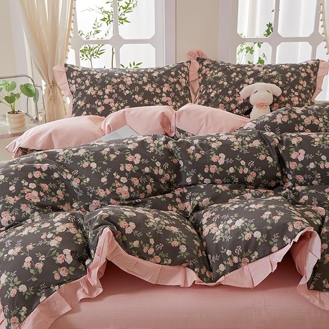 mixinni Vintage Floral Duvet Cover Set Twin Size – 100% Cotton Ruffle Lace Bedding, Pink Rose Flower and Green Leaf Print, Reversible Stripes Pattern, Grandmillennial Cottagecore Aesthetic 3Pcs