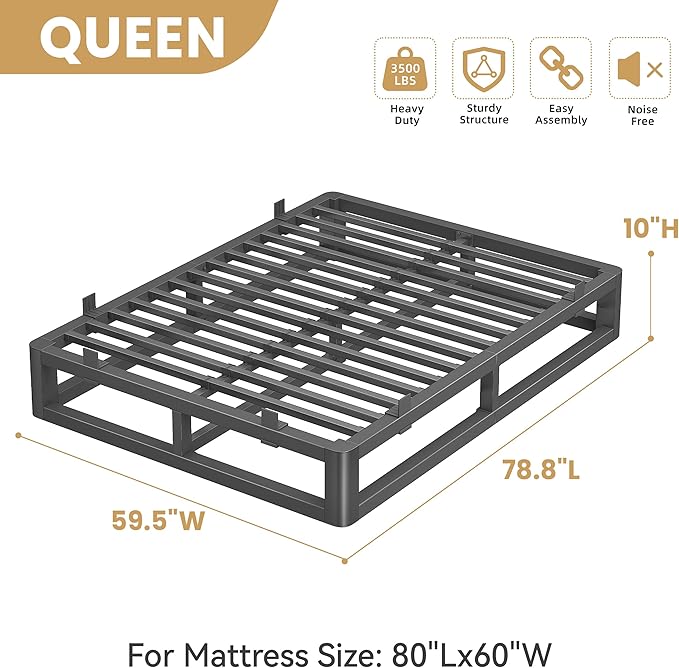 10 Inch Queen Bed Frame with Rounded Corner and Squeak Free U-Slot Design, Metal Platform Bed Frames 6 Non-Slip Mattress Grippers, 3500lbs Heavy Duty Steel Slat Support, No Box Spring Needed