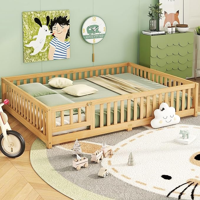 Bellemave Queen Floor Bed with Slats and Door, Queen Size Montessori Floor Bed with Fence and Door, Easy Assemble Montessori Beds Frame for Girls, Boys, Natural
