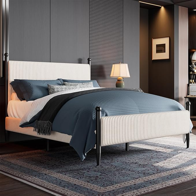 Garvee Queen Size Upholstered Bed Frame - with Velvet Headboard, Soft Corduroy Fabric Platform with Wooden Slats Support & Heavy Duty Feet, No Box Spring Needed, Noise Free, Easy Assembly, White