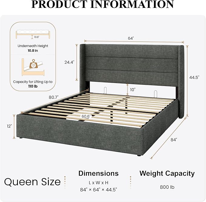 SHA CERLIN Queen Size Lift Up Storage Bed/Modern Wingback Headboard/Upholstered Platform Bed Frame/Hydraulic Storage/No Box Spring Needed/Wood Slats Support/Dark Grey