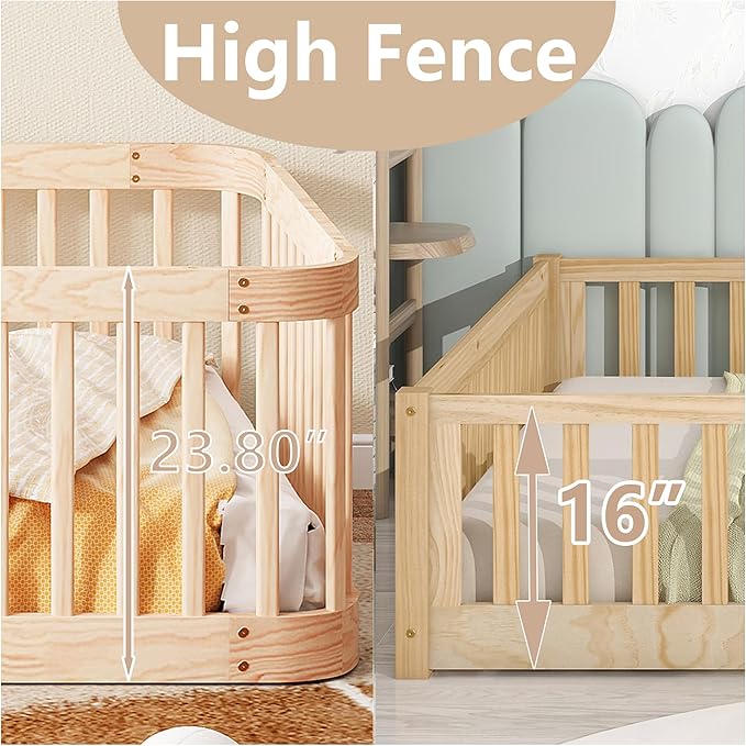 Bellemave Twin Floor Bed with High Fence and Rounded Corner Design, Twin Size Montessori Bed with Safety Guardrails, Easy Assemble Montessori Beds Frame for Girls, Boys, Natural